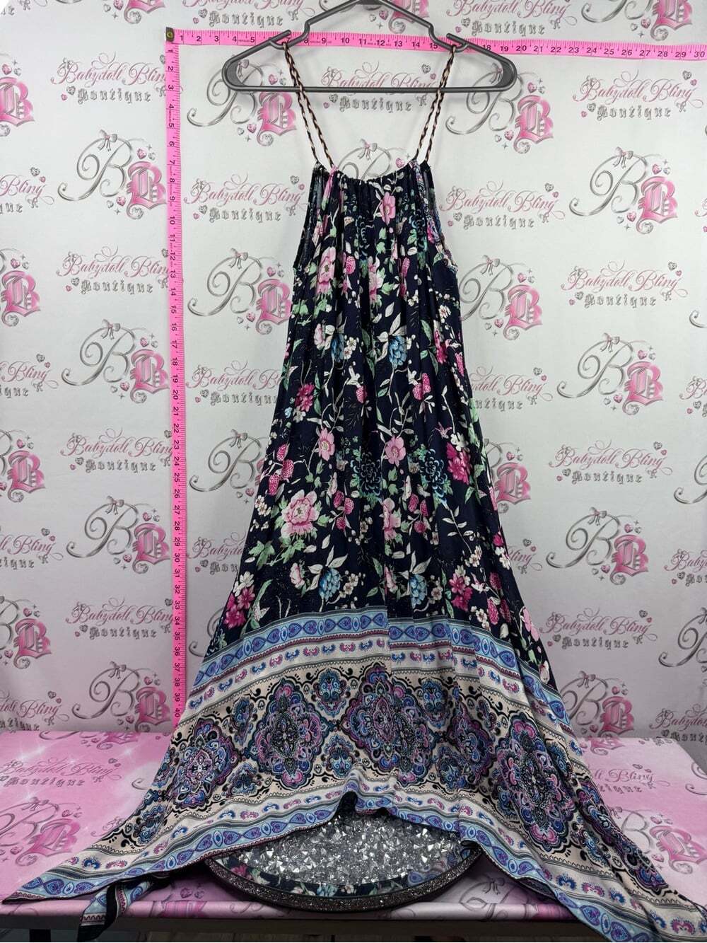 Dress long flowy braided Bohemian Floral Maxi Dress with Border Hem - Navy - Picture 2 of 16
